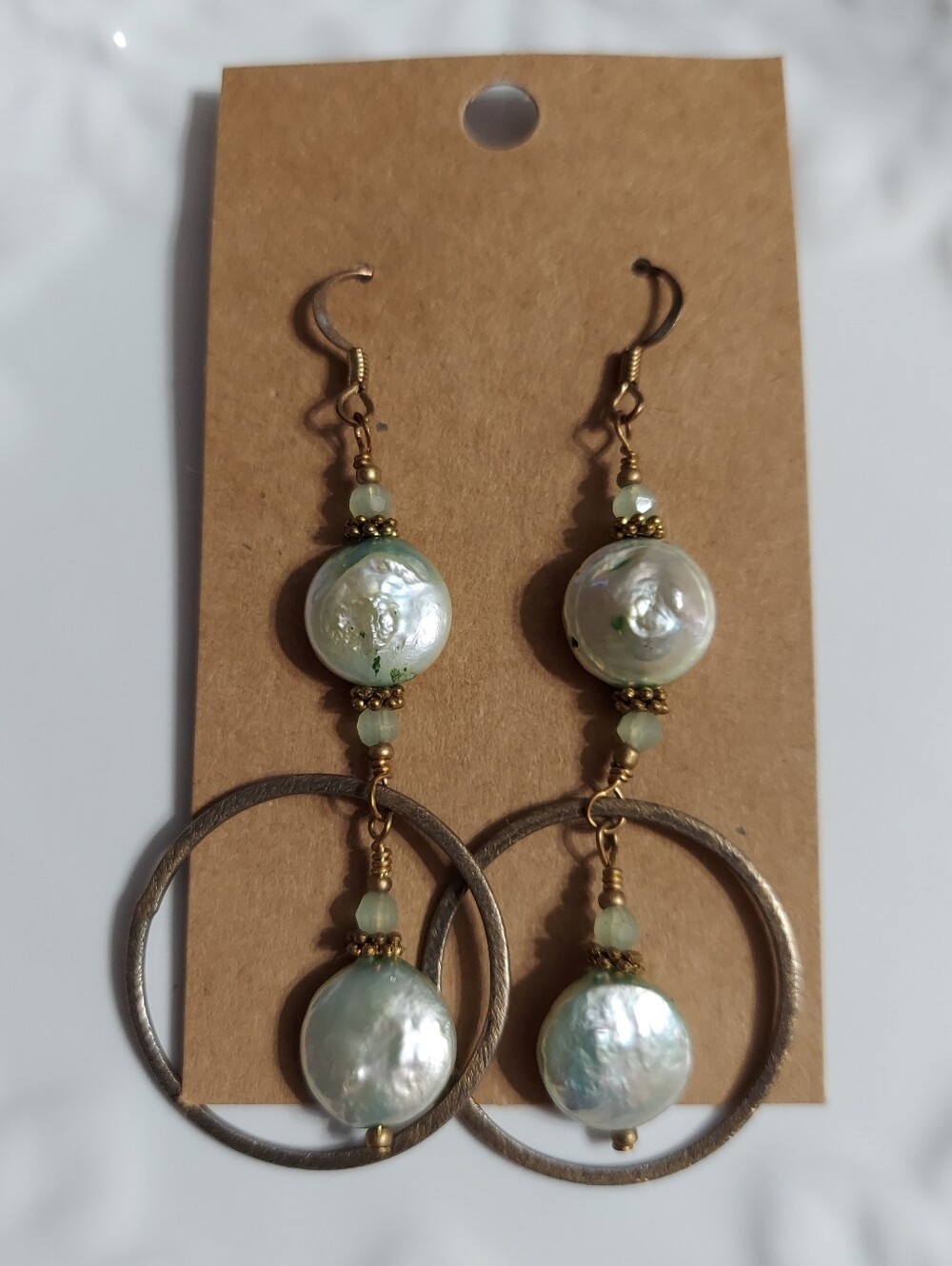 Vintage Antique Gold Tone/Iridescent Coin Pearl Double Free Form Circle Earrings